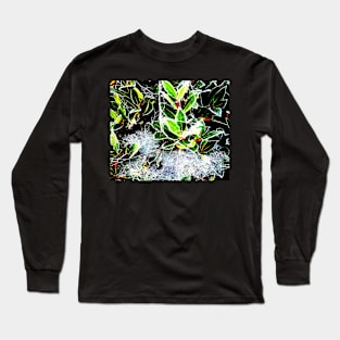 Frosty holly with cobweb digitally enhanced photograph Long Sleeve T-Shirt